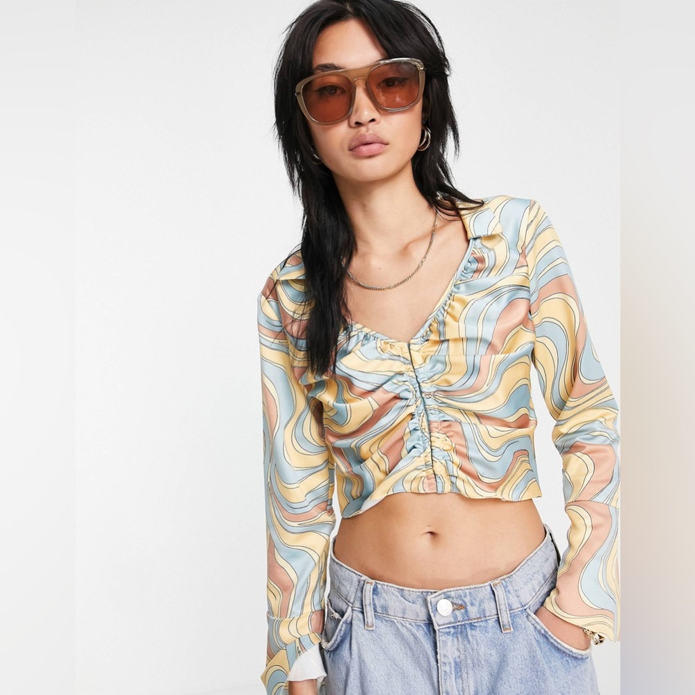 ASOS DESIGN satin ruched front top with hook and eye detail in swirl print